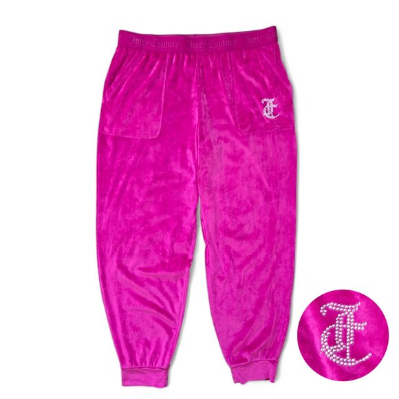 Juicy Couture Pink Velour Track Pants Women's Rhinestone Initial Logo Lounge L - Picture 1 of 9
